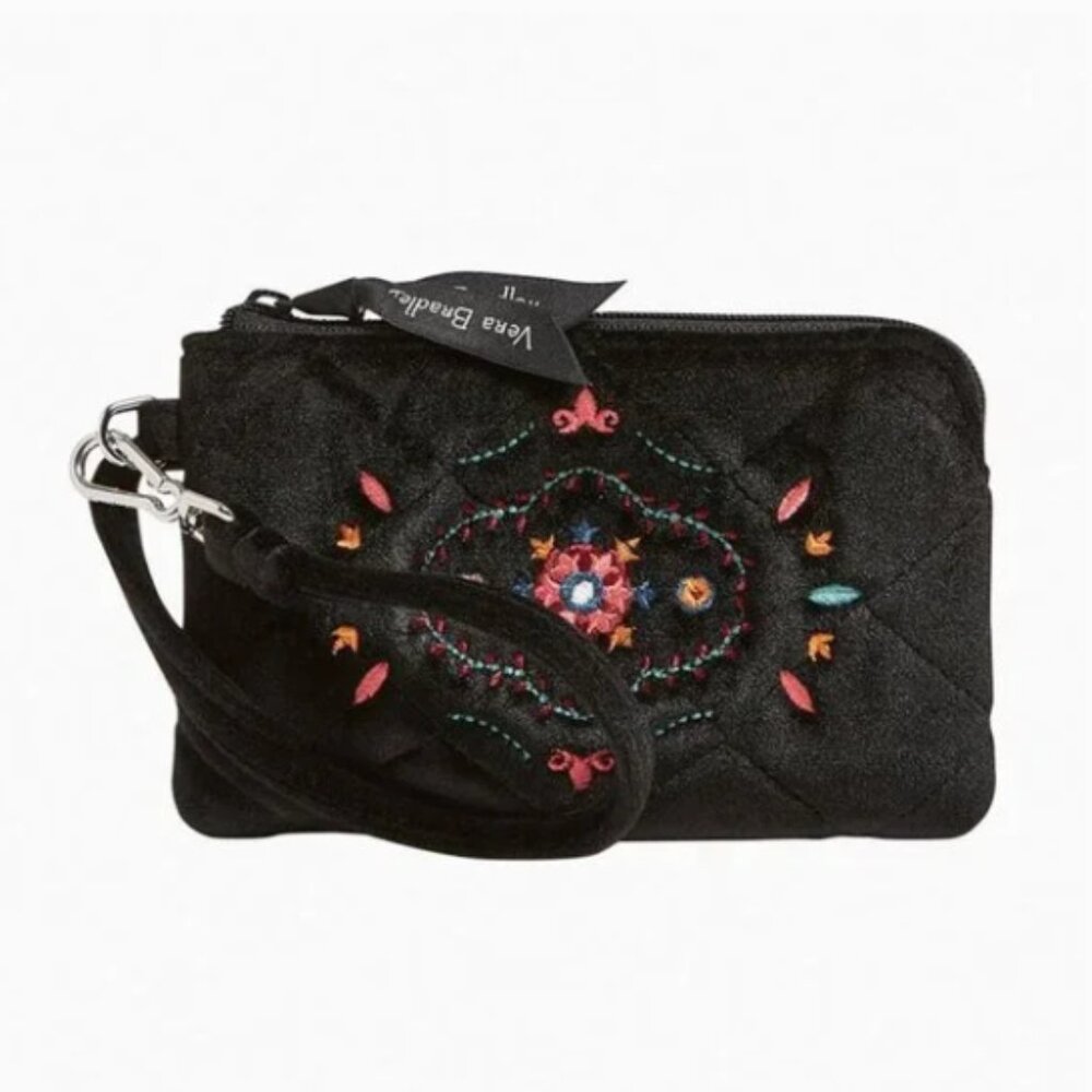 Vera Bradley Wristlet Clip & Zip Mini Pouch in Winter Ornaments Velvet Black NEW